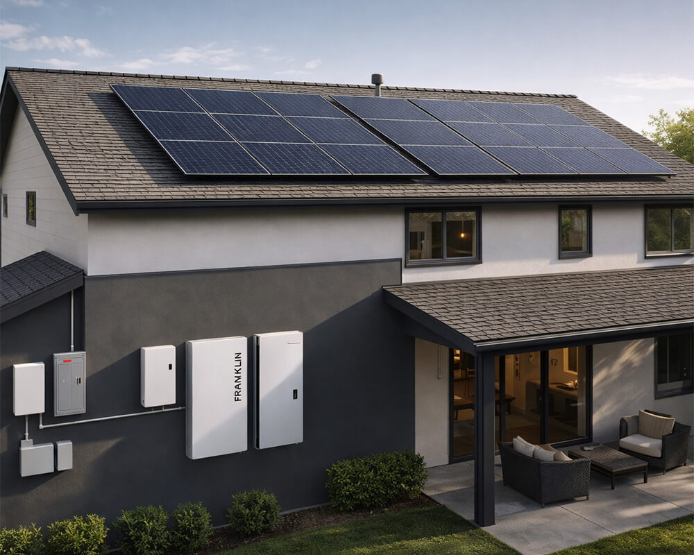 Modern two-story home with rooftop solar panels and integrated battery backup system, showcasing residential renewable energy installation in Riverside, CA