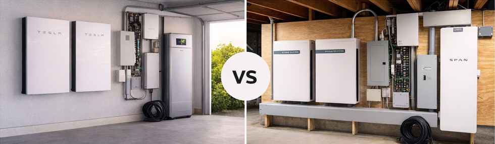 Photo showing a Tesla Powerwall and Franklin Whole House Battery installation at a residential home