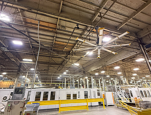 HVLS fan installed in large industrial warehouse improving airflow, cooling, and energy efficiency in Southern California facility